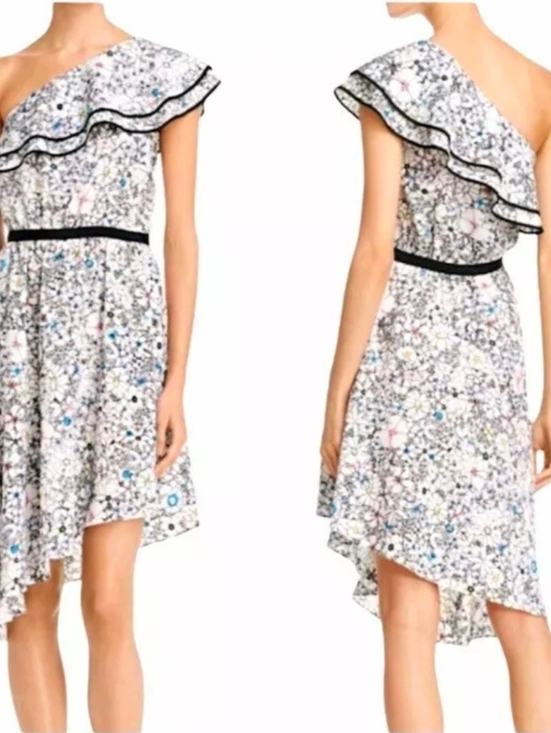 Likely Dresses & Skirts - NWT Likely One-Shoulder Floral Ruffle Dress in White with Black Trim Size 0